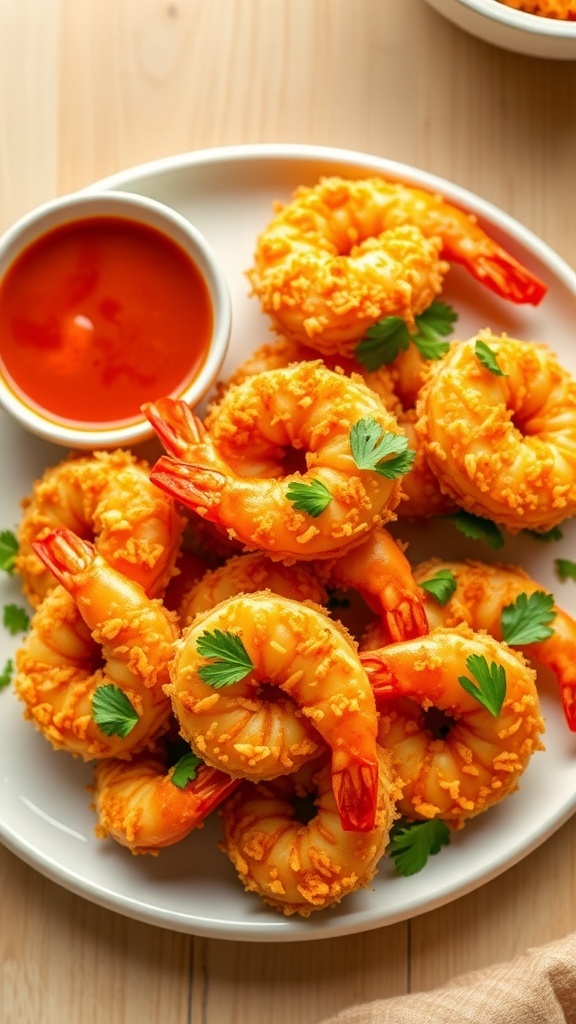 Crispy Air Fryer Coconut Shrimp Recipe (Gluten-Free) Crispy coconut shrimp on a plate with sweet chili sauce, garnished with cilantro.